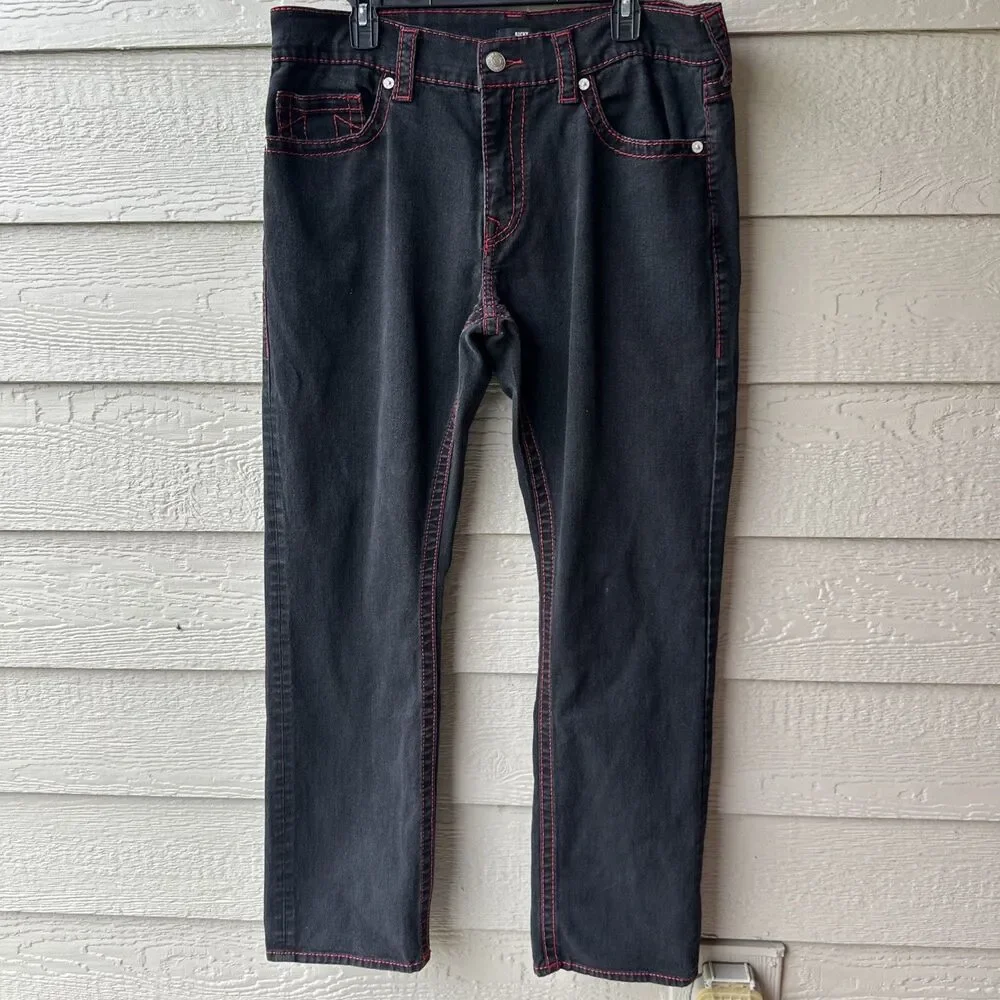 True Religion Ricky Super T Relaxed Straight Jeans Mens 36 Black Red Stitch Flap